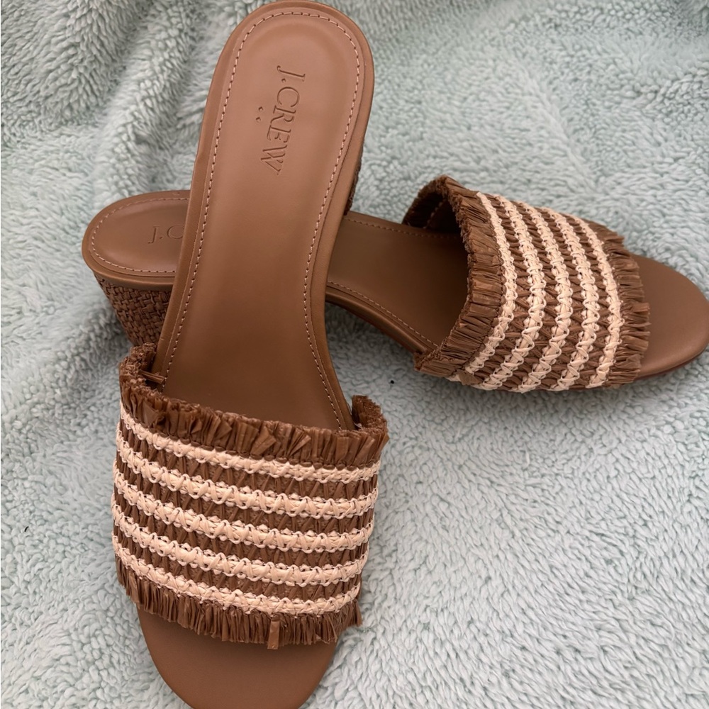 J. Crew Brown and Cream Woven Raffia  Fringe Sandals, size 9, new
